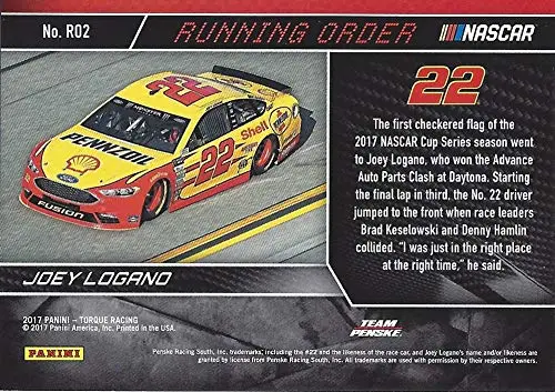 Autographed Joey Logano 2017 Panini Torue Racing Running Order (#22 Pennzoil Penske Team) Monster Cup Series Rare Insert Signed Nascar Collectible Trading Card With Coa 2