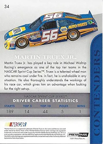 Autographed Martin Truex Jr. 2011 Press Pass Premium Racing Contenders (#56 Napa Auto Parts Team) Michael Waltrip Racing Sprint Cup Series Signed Nascar Collectible Trading Card With Coa 2