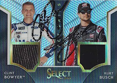 2X Autographed Clint Bowyer & Kurt Busch 2017 Panini Select Racing Select Pairs (Race-Used Tire) Stewart-Haas Team Dual Signed Nascar Collectible Trading Card With Coa 1