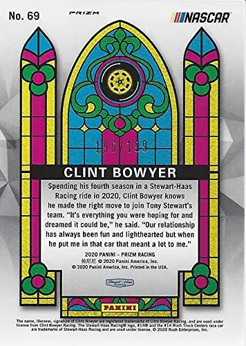 Autographed Clint Bowyer 2020 Panini Prizm Stained Glass Rare Prizm (#14 Rush Truck Center Team) Stewart-Haas Racing Insert Signed Nascar Collectible Trading Card With Coa #196/199 2