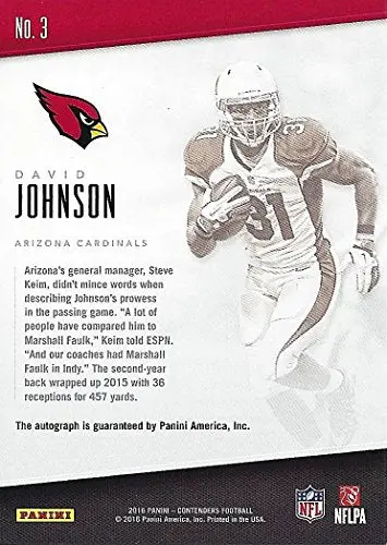 David Johnson 2016 Panini Contenders Football Nfl Ink Autograph (Arizona Cardinals) Rare Signed Insert Nfl Collectible Football Trading Card 2