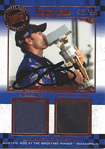 Autographed Jimmie Johnson 2006 Press Pass Legends Racing Victory Lane Dual Relic (Race-Used Firesuit & Win Tires) Brickyard Win Rare Insert Signed Nascar Collectible Trading Card With Coa #92/99 1