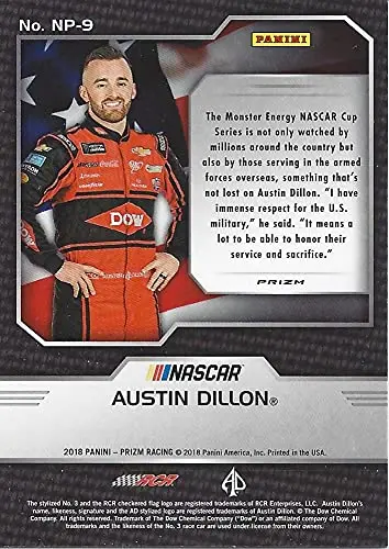 Autographed Austin Dillon 2018 Panini Prizm National Pride Prizm (#3 Dow Team) Richard Childress Racing Monster Cup Series Rare Insert Signed Nascar Collectible Trading Card With Coa 2
