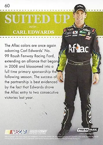 Autographed Carl Edwards 2011 Press Pass Premium Racing Suited Up (#99 Aflac Team) Roush-Fenway Sprint Cup Series Ford Fusion Signed Nascar Collectible Trading Card With Coa 2