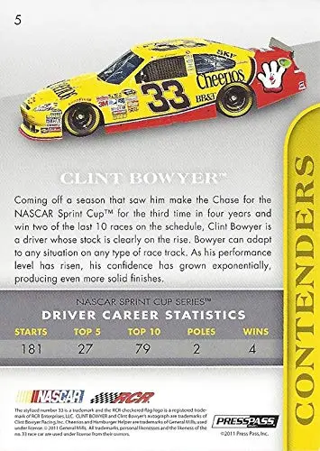 Autographed Clint Bowyer 2011 Press Pass Premium Racing Contenders (#33 Cheerios Team) Rcr Sprint Cup Series Signed Nascar Collectible Trading Card With Coa 2
