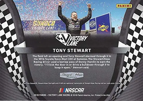Autographed Tony Stewart 2018 Panini Victory Lane Racing Celebrations (2016 Sonoma Race Win) Signed Nascar Collectible Trading Card With Coa 2