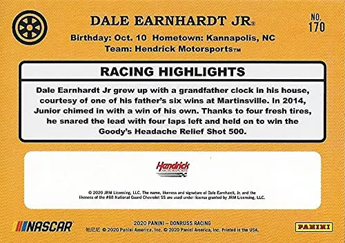 Autographed Dale Earnhardt Jr. 2020 Panini Donruss Racing Martinsville Win (#88 National Guard Team) Hendrick Motorsports Black Border Signed Nascar Collectible Trading Card With Coa 2