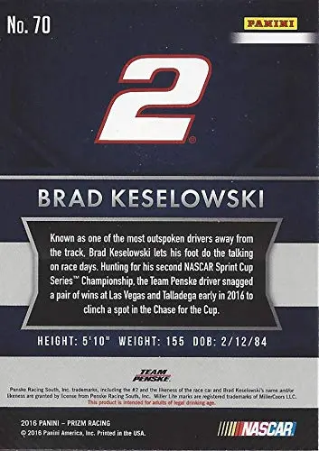 Autographed Brad Keselowski 2016 Panini Prizm Champions (Kobalt 400 Race Win) #2 Miller Lite Team Penske Signed Collectible Nascar Trading Card With Coa 2