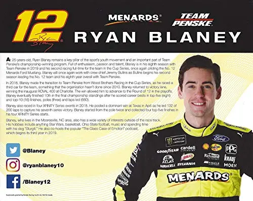 Autographed 2019 Ryan Blaney #12 Pennzoil - Menards Ford Mustang (Team Penske Racing) Monster Energy Cup Series Signed Collectible Picture Nascar 8X10 Inch Official Hero Card Photo With Coa 2