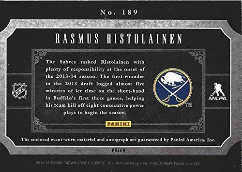 Rasmus Ristolainen 2013-14 Panini Crown Royale Hockey Silhouette Rookie Jersey Autograph (Buffalo Sabres) Game-Worn 4-Color Logo Jersey Patch Rare Insert Collectible Nhl Hockey Trading Card #15/25 2