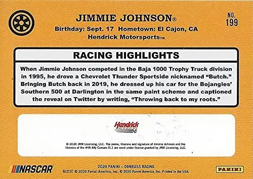 Autographed Jimmie Johnson 2020 Panini Donruss Racing Darlington Throwback (#48 Ally Team) Hendrick Motorsports Black Border Signed Nascar Collectible Trading Card With Coa 2