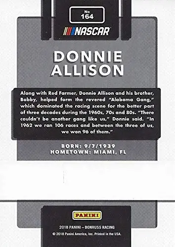 Autographed Donnie Allison 2018 Panini Donruss Racing Legends (#1 Hawaiian Tropic Team) Winston Cup Series Signed Nascar Collectible Trading Card With Coa 2