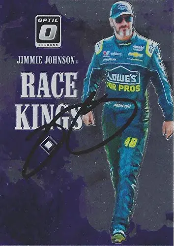Autographed Jimmie Johnson 2019 Panini Donruss Optic Racing Race Kings (#48 Lowes For Pros Team) Hendrick Motorsports Monster Cup Series Chrome Insert Signed Nascar Collectible Trading Card With Coa 1