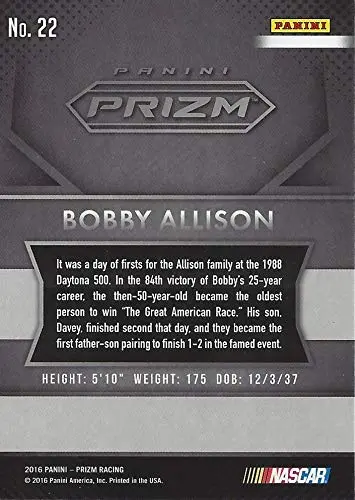 Autographed Bobby Allison 2016 Panini Racing (Miller High Life Team) Winston Cup Series Chrome Signed Nascar Collectible Trading Card With Coa 2