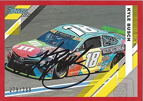 Autographed Kyle Busch 2020 Panini Donruss Red Parallel (#18 M&Ms Hazelnut Spread) Joe Gibbs Racing Nascar Cup Series Insert Signed Collectible Nascar Trading Card With Coa #279/299 1