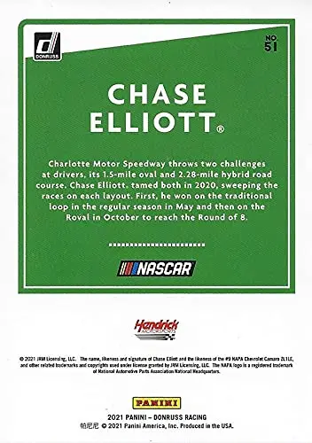 Autographed Chase Elliott 2021 Panini Donruss Racing (#9 Napa Driver) Hendrick Motorsports Signed Collectible Nascar Trading Card With Coa 2