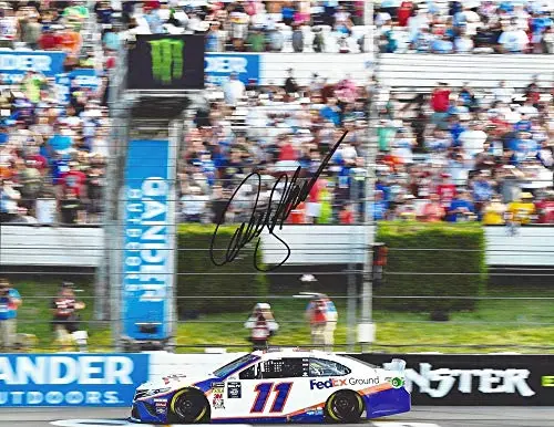 Autographed 2019 Denny Hamlin #11 Fedex Ground Team Pocono Race Winner (Crossing The Finish Line) Joe Gibbs Racing Signed Collectible Picture 9X11 Inch Nascar Glossy Photo With Coa 1