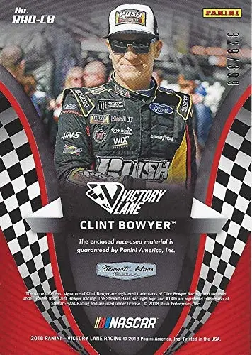 Autographed Clint Bowyer 2018 Panini Victory Lane Racing Race Ready (Race-Used Firesuit & Tire) #14 Rush Truck Centers Team Relic Insert Signed Nascar Collectible Trading Card With Coa #329/399 2