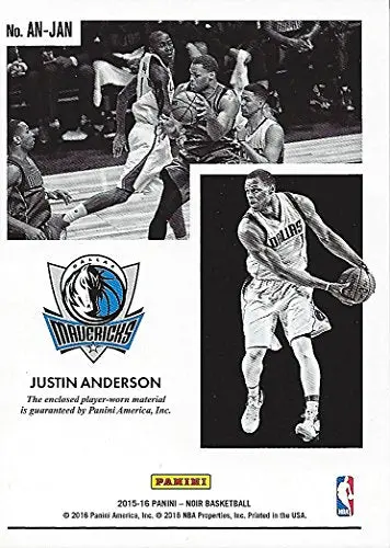 Justin Anderson 2015-16 Panini Noir Basketball Game Worn Jersey (2-Color Prime Patch) Dallas Mavericks Team Insert Nba Collectible Trading Card (#10 Of 49) 2