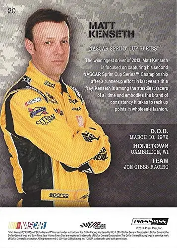 Autographed Matt Kenseth 2014 Press Pass American Thunder Racing (#20 Dollar General Team) Joe Gibbs Toyota Sprint Cup Series Signed Nascar Collectible Trading Card With Coa 2