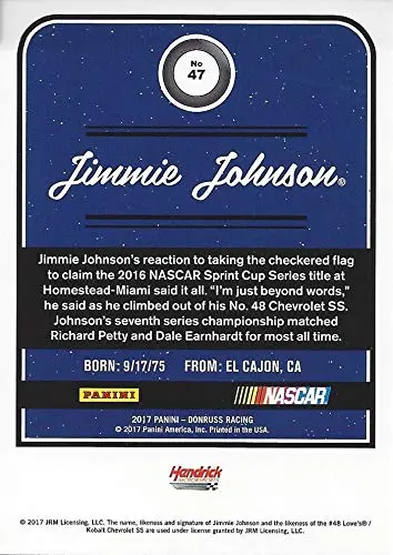 Autographed Jimmie Johnson 2017 Panini Donruss Racing 7X Champ (#48 Lowes Team) Hendrick Motorsports Signed Nascar Collectible Trading Card With Coa 2