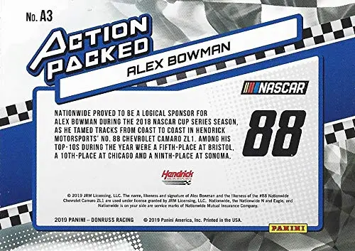 Autographed Alex Bowman 2019 Panini Donruss Racing Action Packed (#88 Nationwide Team) Hendrick Motorsports Monster Cup Series Signed Collectible Nascar Trading Card With Coa 2