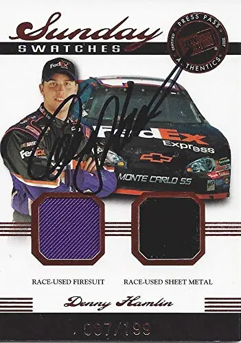 Autographed Denny Hamlin 2007 Press Pass Legends Sunday Swatches Dual Relic (Race-Used Firesuit & Metal) #11 Fedex Chevrolet Team Insert Signed Collectible Nascar Trading Card With Coa #087/199 1