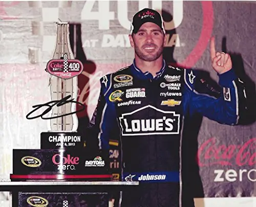Autographed 2013 Jimmie Johnson #48 Team Lowes Racing Daytona Coke Zero 400 Race Win (Victory Lane Trophy) Hendrick Motorsports Signed Collectible Picture Nascar 8X10 Inch Glossy Photo With Coa 1