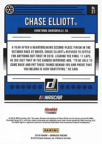 Autographed Chase Elliott 2019 Panini Donruss Racing (#9 Napa Driver) Hendrick Motorsports Signed Collectible Nascar Trading Card With Coa 2