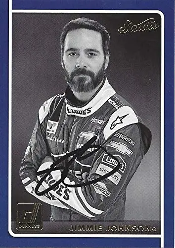 Autographed Jimmie Johnson 2018 Panini Donruss Racing Studio Blue Border (#48 Lowes Team) Hendrick Motorsports Insert Signed Nascar Collectible Trading Card With Coa 1