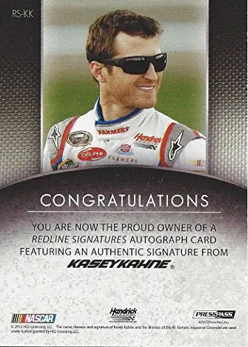 Autographed Kasey Kahne 2012 Press Pass Red Line Racing Red-Ink Signature (#5 Farmers Insurnace Team) Hendrick Insert Signed Nascar Collectible Trading Card (#02 Of 50) 2
