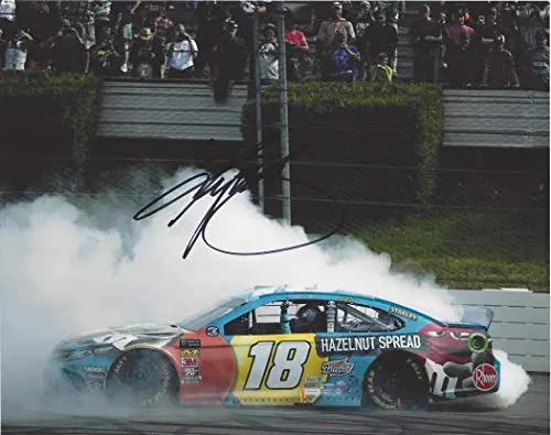 Autographed 2019 Kyle Busch #18 M&Ms Hazelnut Spread Pocono Race Win (Victory Burnout) Tricky Triangle Joe Gibbs Racing Signed Collectible Picture 8X10 Inch Nascar Glossy Photo With Coa 1