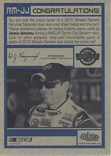 Autographed Jimmie Johnson 2010 Wheels Element Racing Recycled Materials (Race-Used Tire & Metal) #48 Lowes Team Hendrick Dual Relic Signed Nascar Collectible Trading Card With Coa #040/125 2