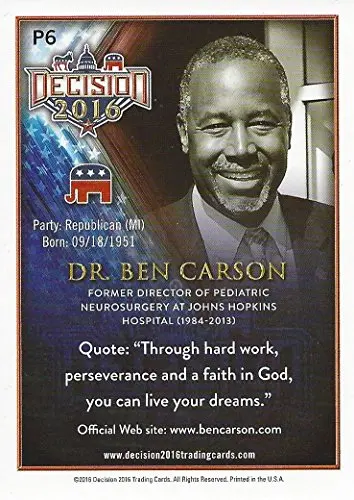 Ben Carson 2016 Leaf Decision Hawaii Industry Summit Extremely Rare Insert Presidential Politics Collectible Promo Trading Card 2
