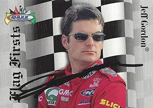 Autographed Jeff Gordon 1997 Maxx Racing Flag Firsts (Charlotte First Nascar Win) Hendrick Motorsports Vintage Insert Signed Collectible Nascar Trading Card With Coa And Toploader 1
