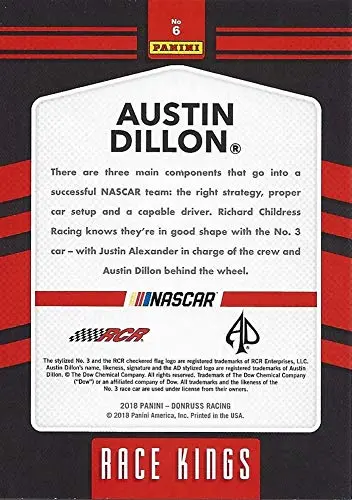 Autographed Austin Dillon 2018 Panini Donruss Racing Race Kings (#3 Dow Team) Monster Energy Cup Series Signed Nascar Collectible Trading Card With Coa 2