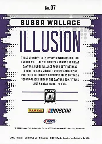 Autographed Bubba Wallace 2019 Panini Donruss Optic Racing Illusion (#43 Click N Close Team) Richard Petty Motorsports Rare Insert Signed Collectible Nascar Trading Card With Coa 2