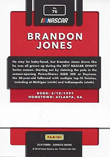 Autographed Brandon Jones 2018 Panini Donruss Racing (#33 Nexteer Rcr Team) Xfinity Series Insert Signed Nascar Collectible Trading Card With Coa #043/299 2