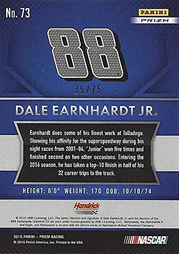 Autographed Dale Earnhardt Jr. 2016 Panini Prizm Racing Driver Introductions (#88 Nationwide Team) Sprint Cup Series Red Parallel Signed Nascar Collectible Trading Card #35/75 With Coa And Toploader 2