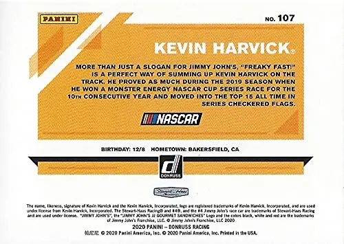 Autographed Kevin Harvick 2020 Panini Donruss Playoffs Car (#4 Jimmy Johns Team) Stewart-Haas Racing Nascar Cup Series Signed Collectible Trading Card With Coa 2
