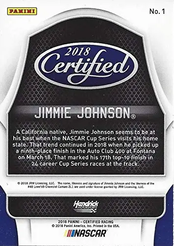 Autographed Jimmie Johnson 2018 Panini Certified Racing (#48 Lowes For Pros Team) Hendrick Motorsports Monster Cup Series Chrome Signed Nascar Collectible Trading Card With Coa 2