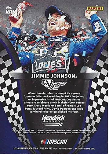 Autographed Jimmie Johnson 2018 Panini Victory Lane Racing Past Winners (2013 Daytona 500 Win) Hendrick Motorsports Signed Nascar Collectible Trading Card With Coa 2