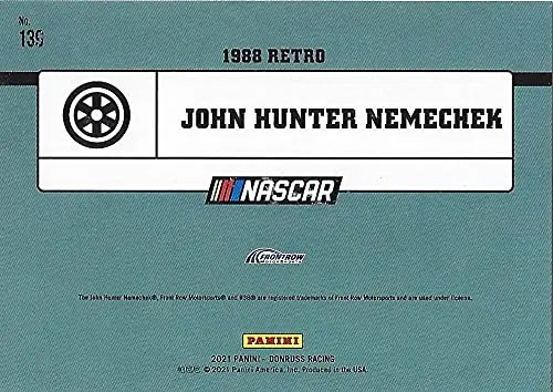 Autographed John Hunter Nemechek 2021 Panini Donruss Racing 1988 Retro (#38 Front Row Motorsports Driver) Nascar Cup Series Signed Collectible Trading Card With Coa 2