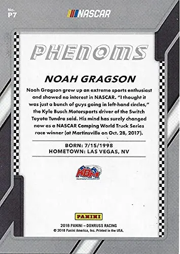 Autographed Noah Gragson 2018 Panini Donruss Racing Phenoms (#18 Kyle Busch Motorsports Driver) Truck Series Rookie Insert Signed Nascar Collectible Trading Card With Coa 2