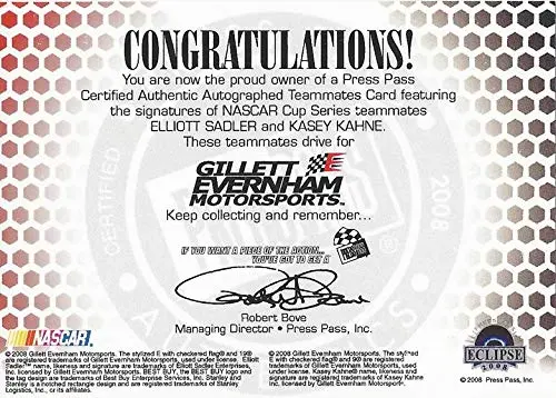 2X Autographed Kasey Kahne & Elliott Sadler 2008 Press Pass Eclipse Racing Teammates Signings (Dual Signature) Evernham Motorsports Signed Rare Collectible Nascar Trading Card #13/35 2