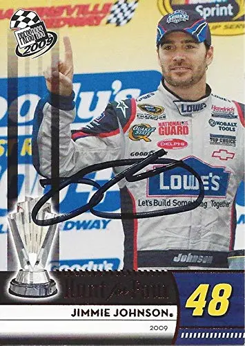 Autographed Jimmie Johnson 2009 Press Pass Racing Hunt For Four (2009 Championship) Martinsville Victory Lane #48 Lowes Red Parallel Signed Nascar Collectible Trading Card With Coa 1