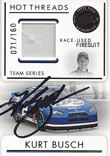 Autographed Kurt Busch 2007 Press Pass Premium Racing Hot Threads (Race-Used Firesuit) #2 Miller Lite Team Penske Relic Insert Signed Nascar Collectible Trading Card With Coa #071/160 1