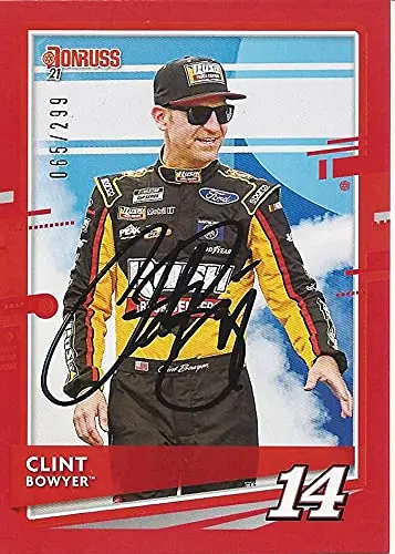 Autographed Clint Bowyer 2021 Panini Donruss Red Parallel (#14 Rush Truck Center Team) Stewart-Haas Racing Insert Signed Nascar Collectible Trading Card With Coa #065/299 1