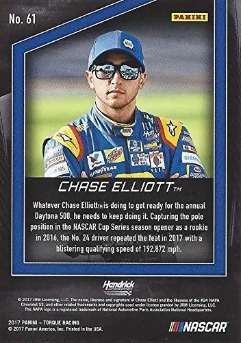 Autographed Chase Elliott 2017 Panini Torque Racing Pre-Race (#24 Napa Auto Parts) Hendrick Motorsports Red Parallel Insert Signed Collectible Nascar Trading Card #095/100 With Coa And Toploader 2