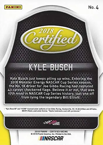 Autographed Kyle Busch 2018 Panini Certified Racing (#18 M&Ms Team) Monster Cup Series Joe Gibbs Racing Chrome Signed Collectible Nascar Trading Card With Coa 2